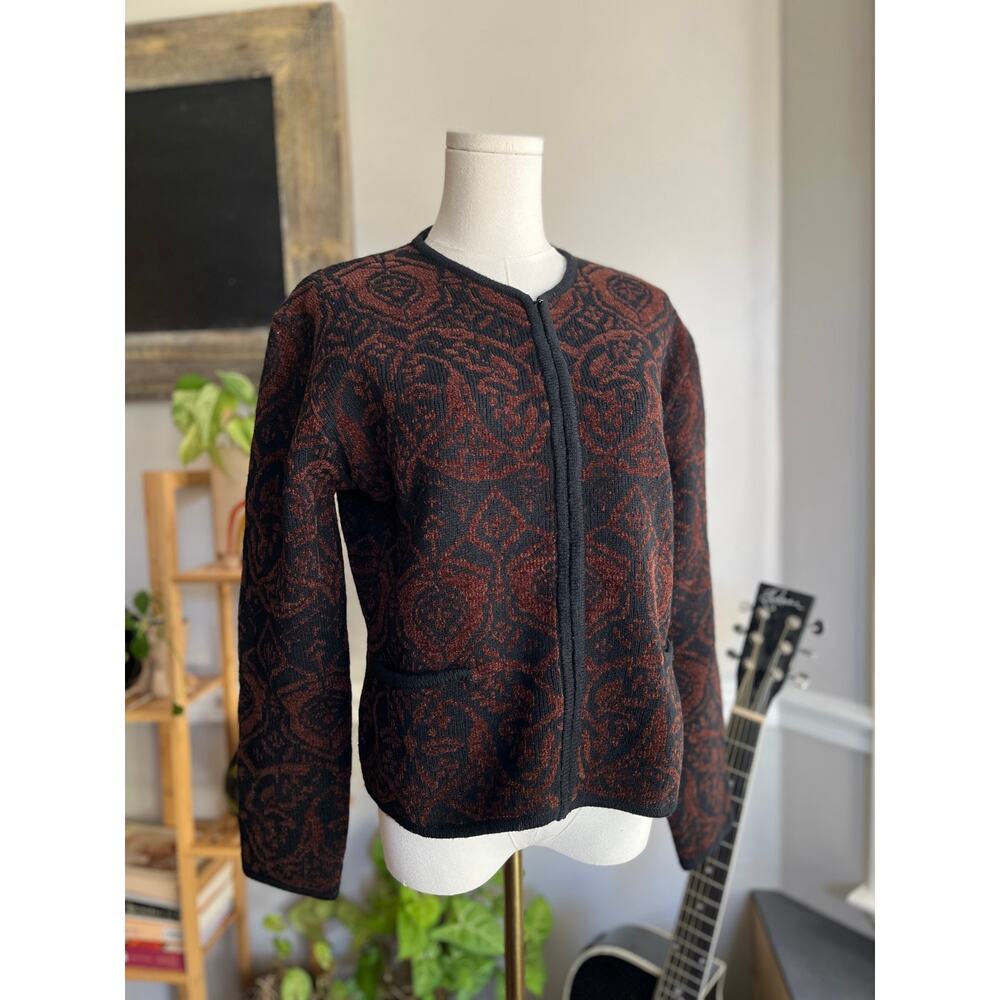 Vintage 90s Black and Brown Zip Front Wool Blend Cardigan Jacket Size Small
